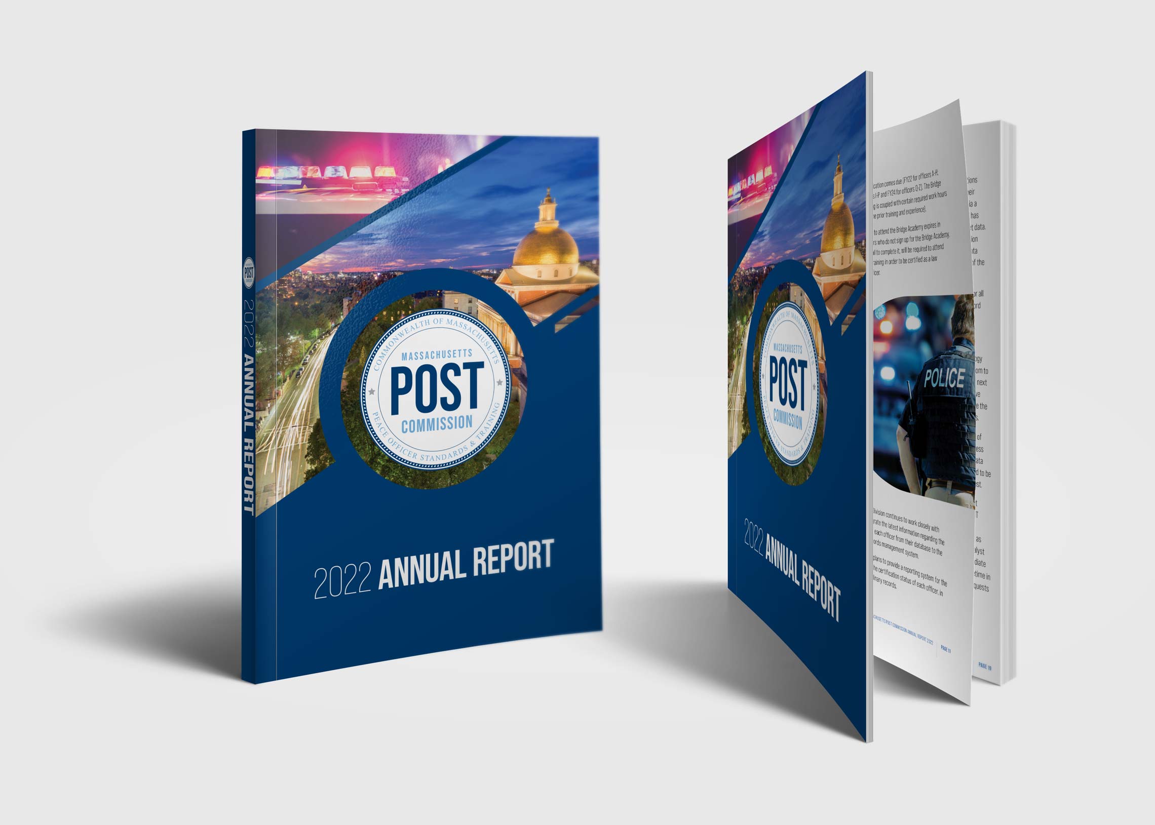 Annual report design for the Massachusetts POST Commission showing cover and interior