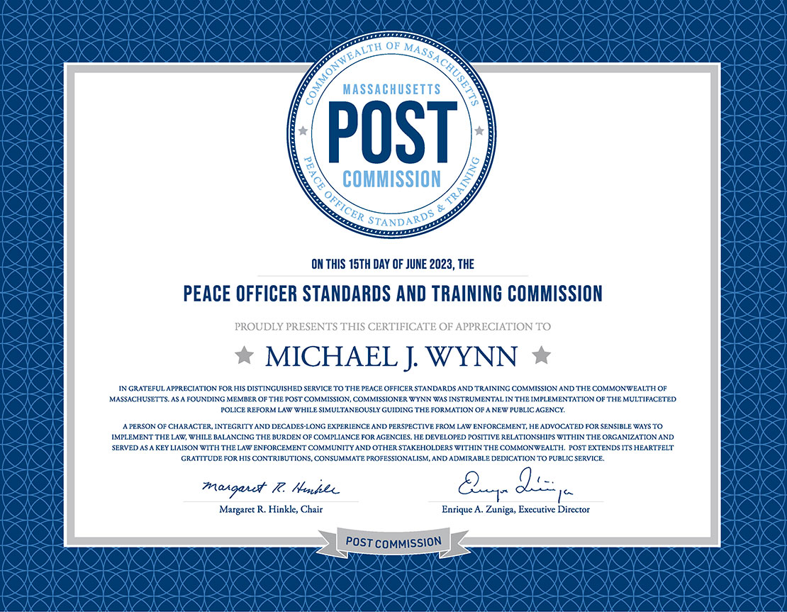 Sample certificate of appreciation for Massachusetts POST Commission