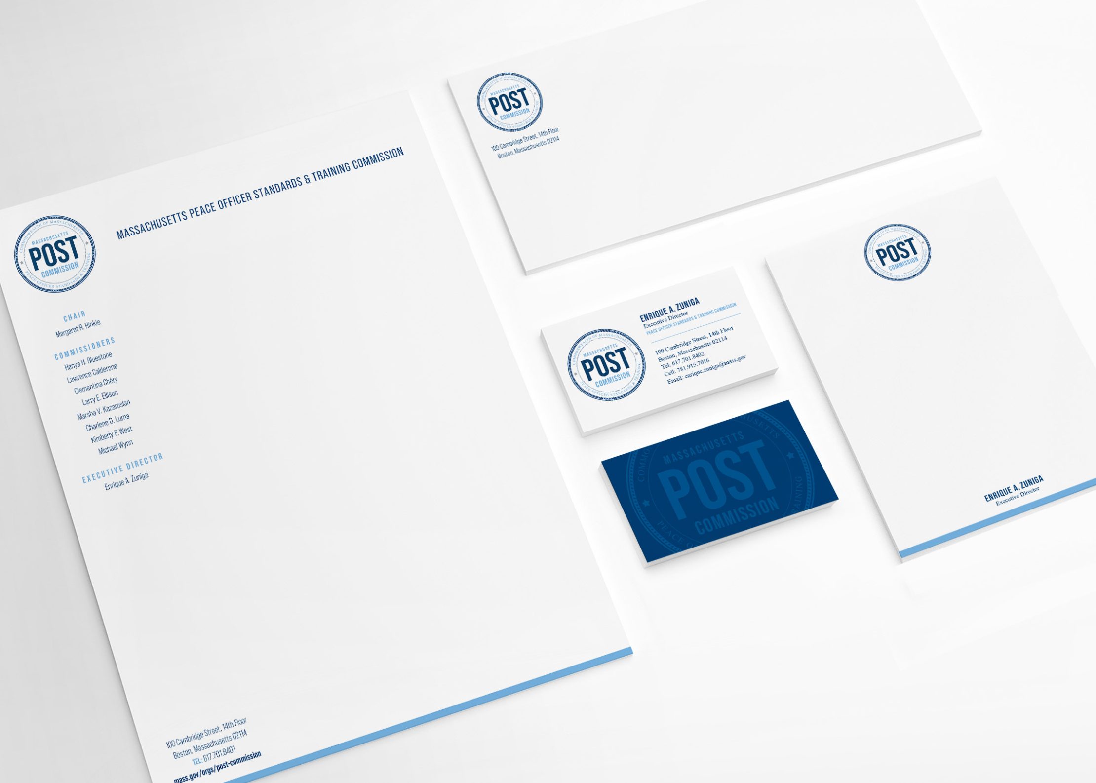 sample stationery system for Massachusetts POST Commission, including letterhead, envelope, business cards, and notecard