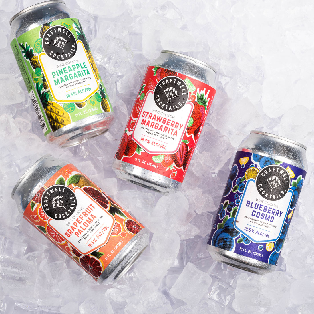 Craftwell Cocktails series of 4 different flavored cans on top of a bed of ice