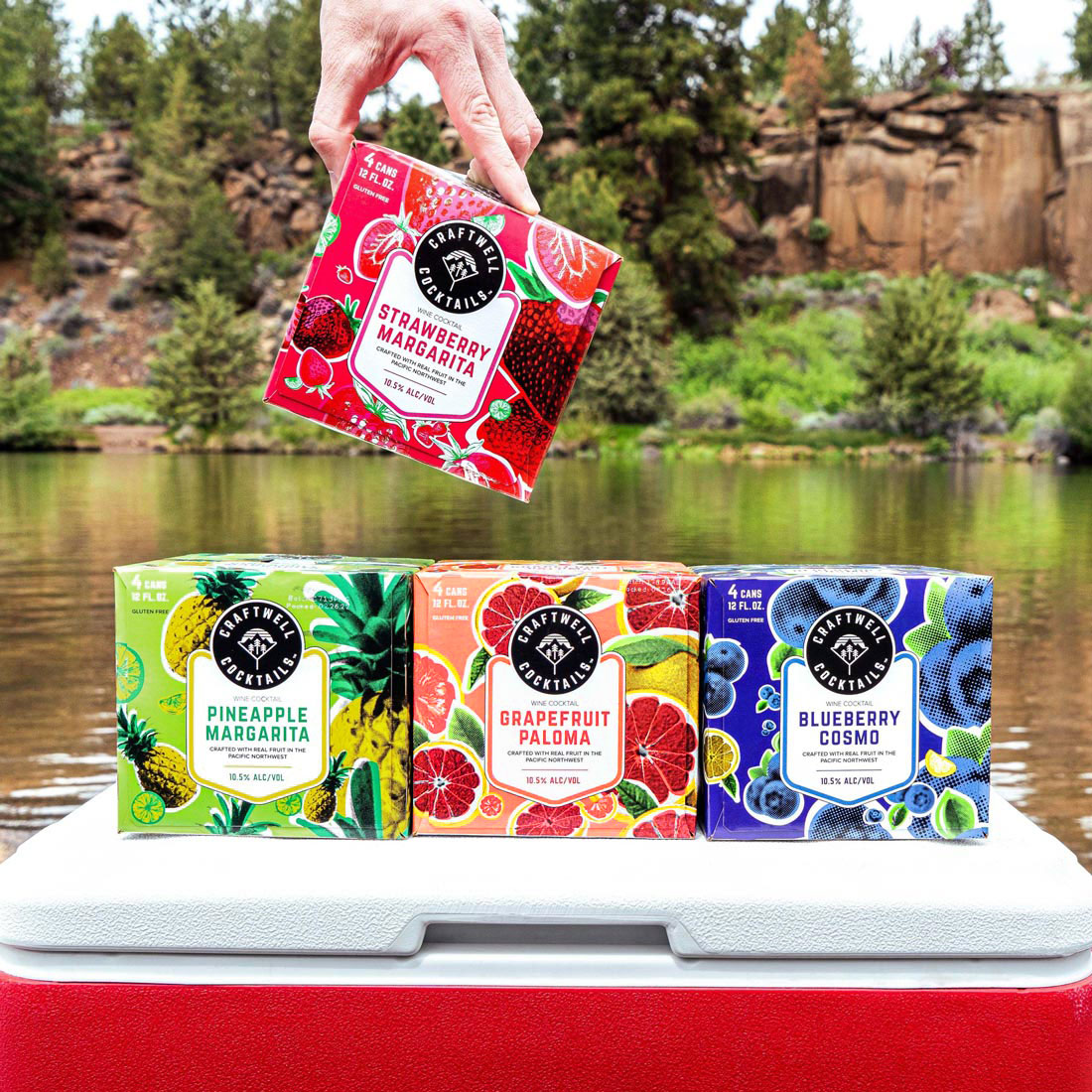 Craftwell Cocktails series of 4 different flavored 4-packs packaging design on top of a cooler