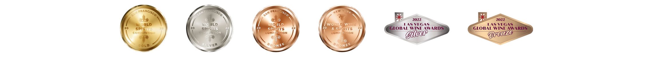 gold, silver, and bronze awards from 2022 San Francisco World Spirits Competition, bronze from New York World Wine & Spirits Competition, and silver and bronze from Las Vegas Global Wine Awards