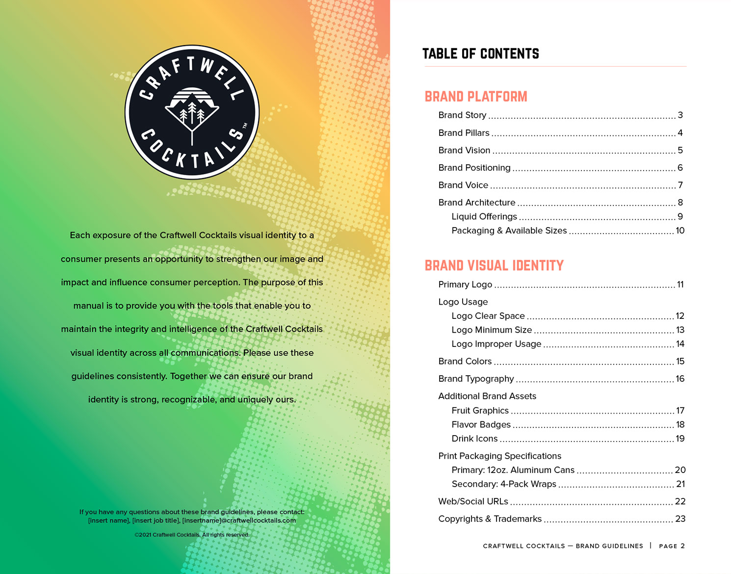 Craftwell Cocktails brand guidelines table of contents page