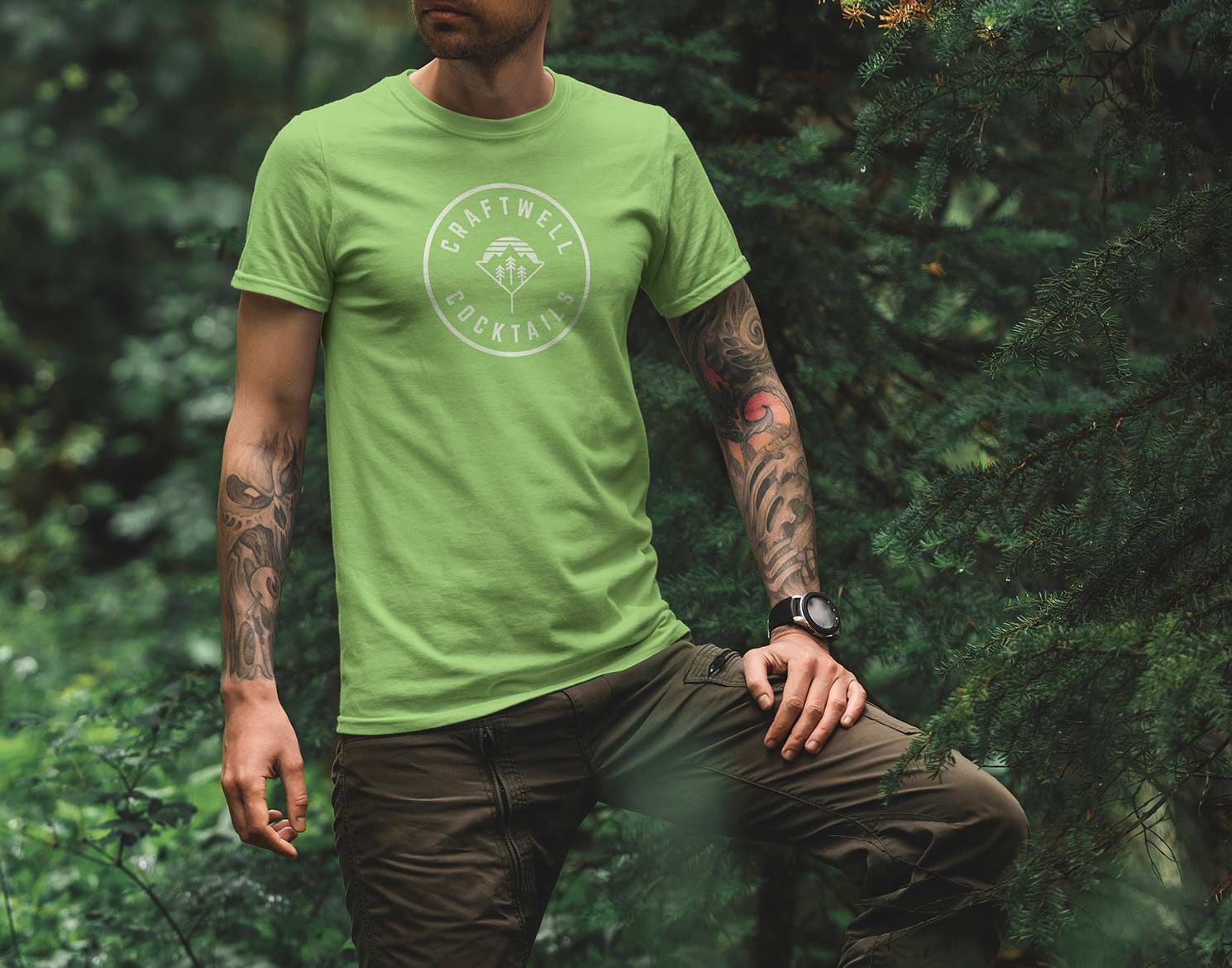 Craftwell Cocktails logo on men's short sleeve light green t-shirt