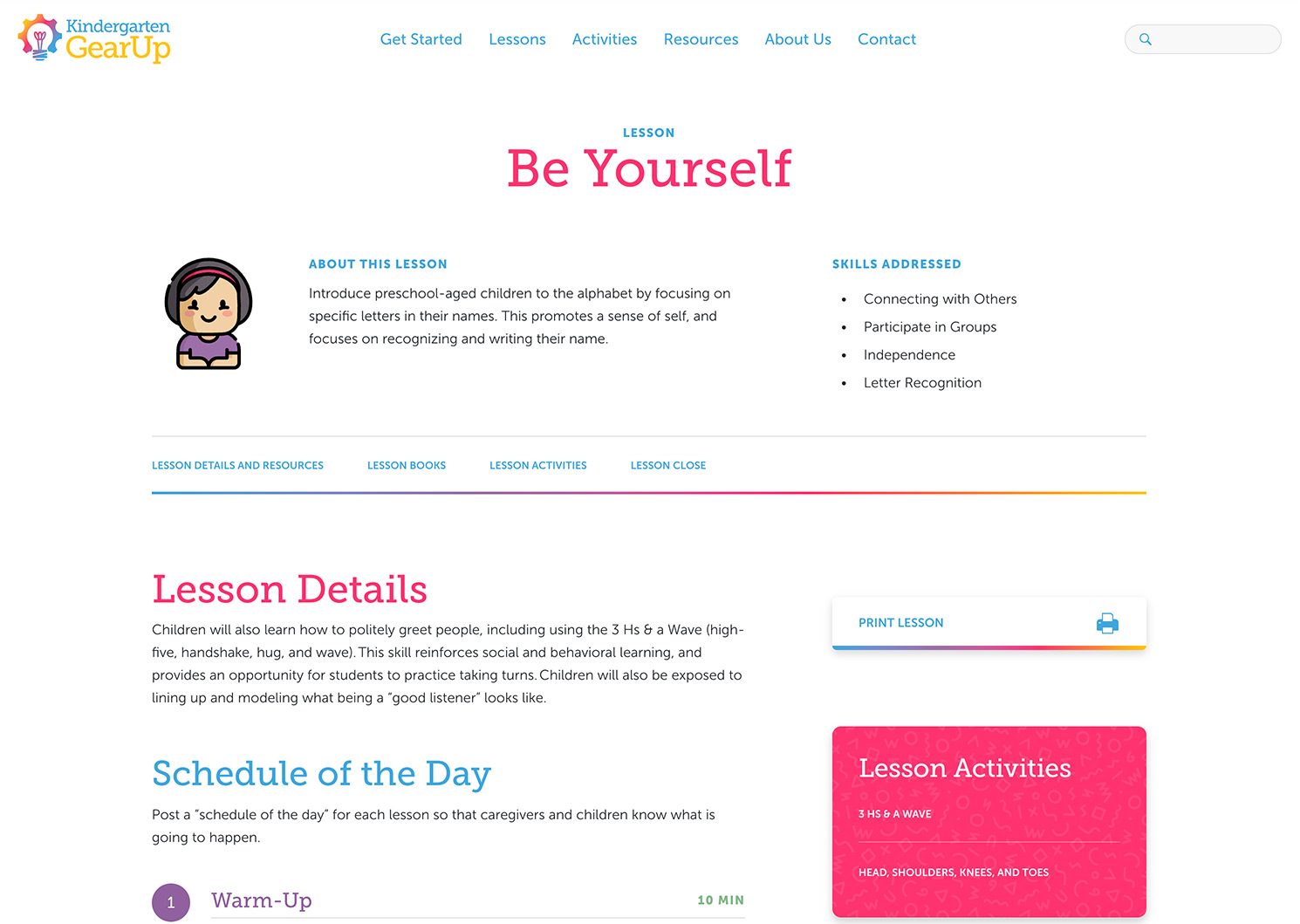 "Lesson" detail Page on the Kindergarten Gear Up website