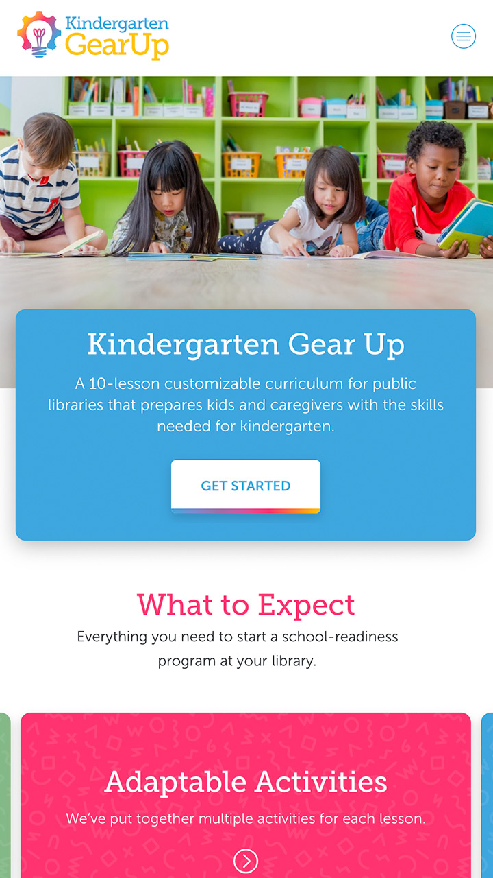 The homepage of the Kindergarten Gear Up website featuring a "get started" button