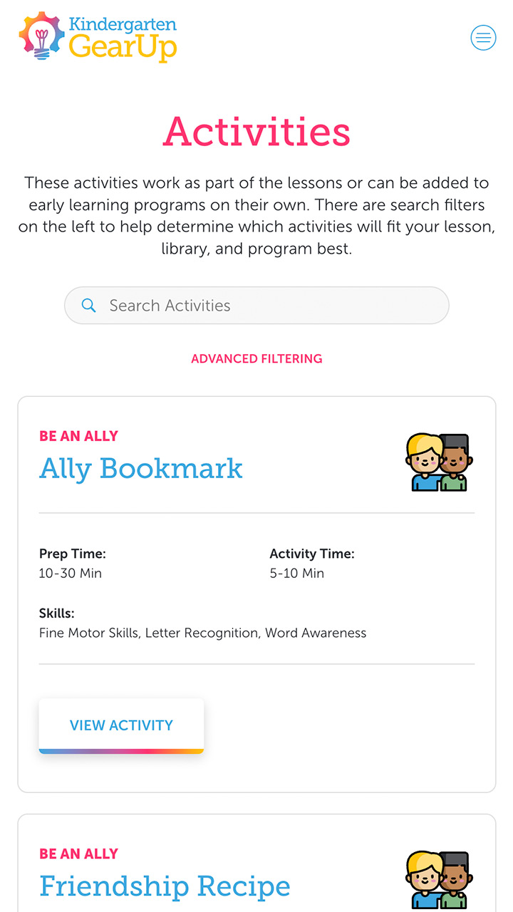 The "activities"page on the Kindergarten Gear Up website