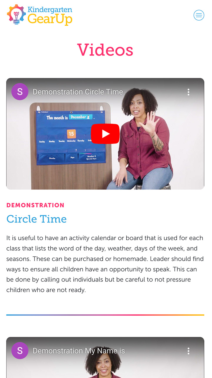 The "Videos" page on the Kindergarten Gear Up website