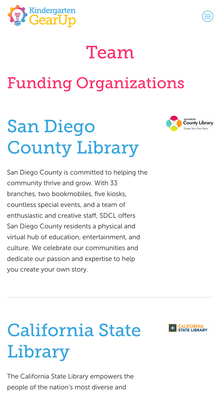 The "Team" page on the Kindergarten Gear Up website featuring a list of funding organizations