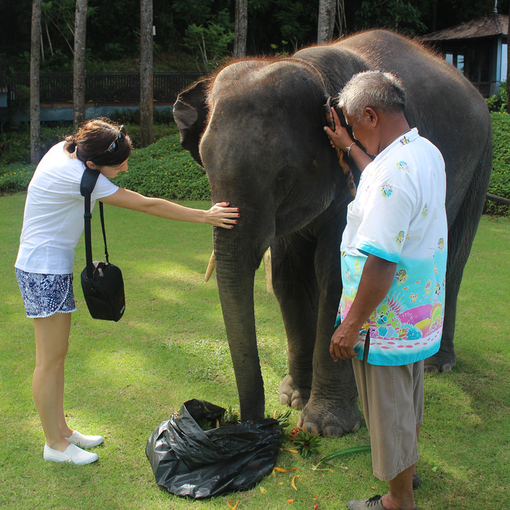Claudia with an elephant in Thailand